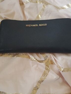 Michael Kors Black Saffiano Zip-Around Wallet with Gold Logo